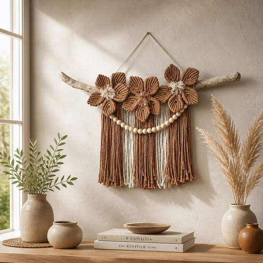 Macrame 3 Flowers with beads on drift wood