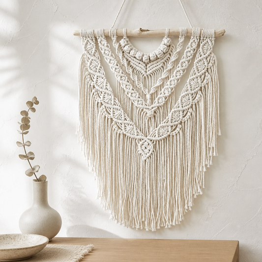 Macrame wall hanging on driftwood