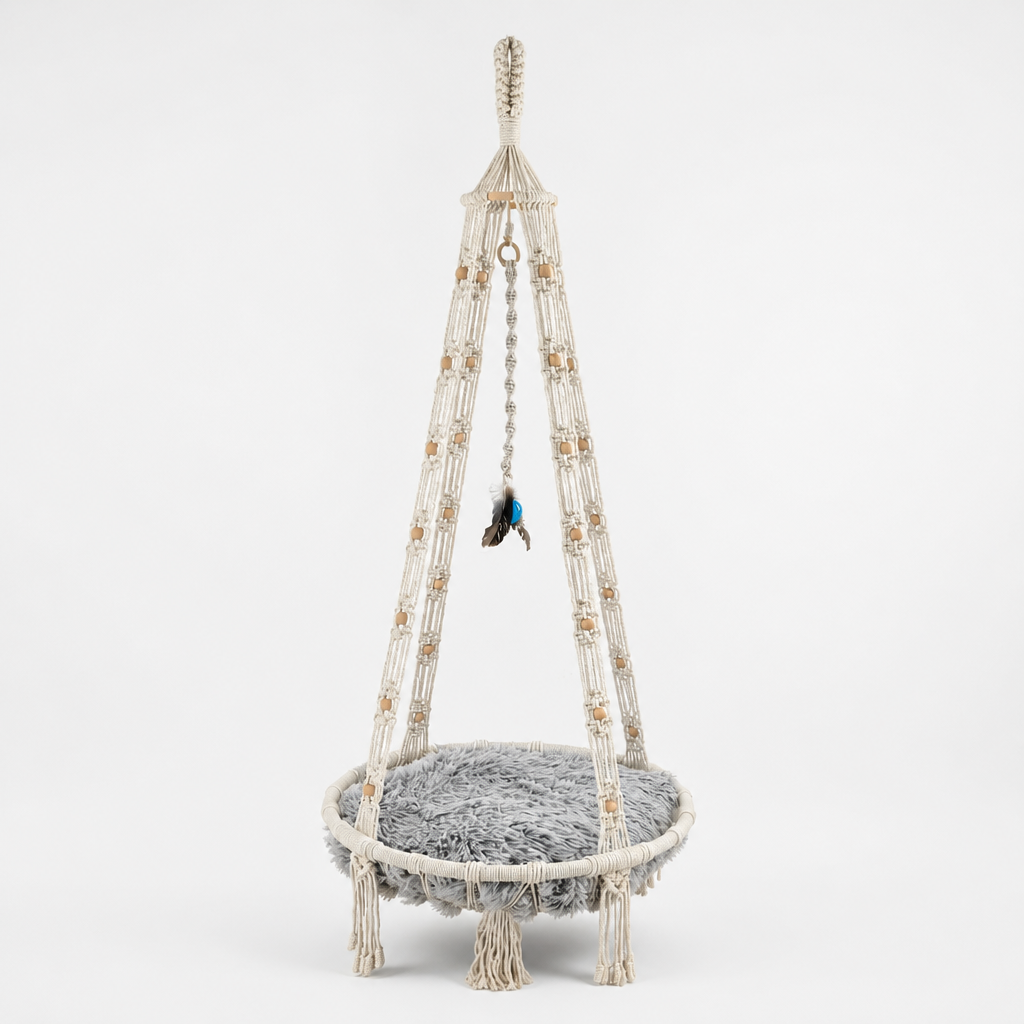 Hanging macrame cat bed with furry cushion
