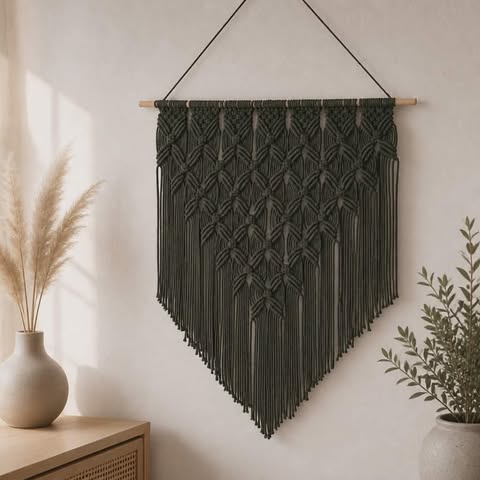Olive green geometrical modern macrame wall hanging